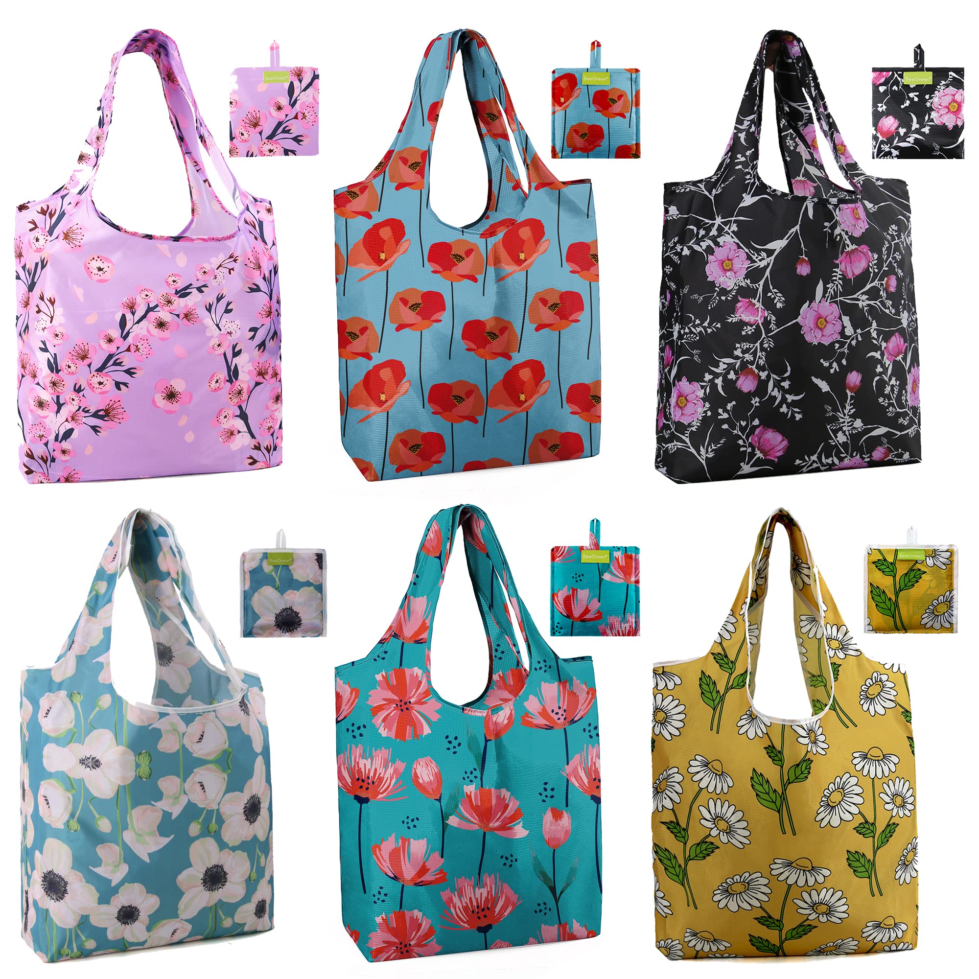 BeeGreen Christmas Reusable Gift Bags,6 Pack Large Holiday Tote Foldable Cloth Bag for Women, Cute Grocery Storage for Xmas Gifts Market Shopping, Washable Collapsible Reusable Bags with Handles